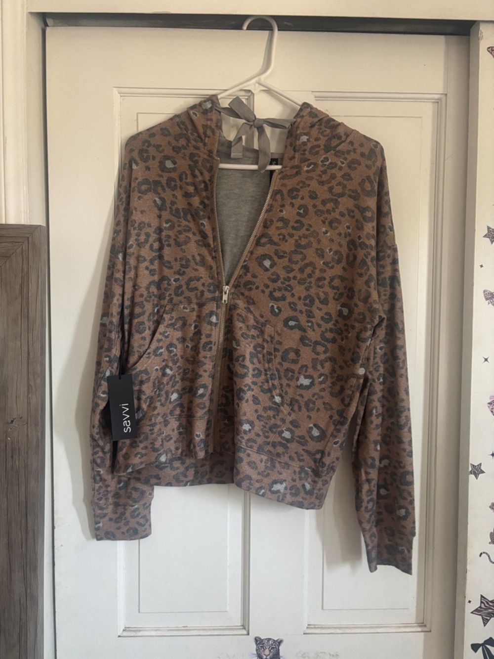 Savvi Leopard Print Zip-Front Hooded Jacket - Brown